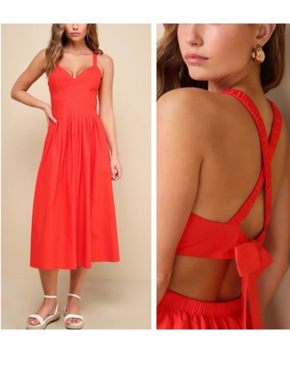 Lulu's Strolling Sicily Red Midi Dress with Crisscross Tie Back NWT